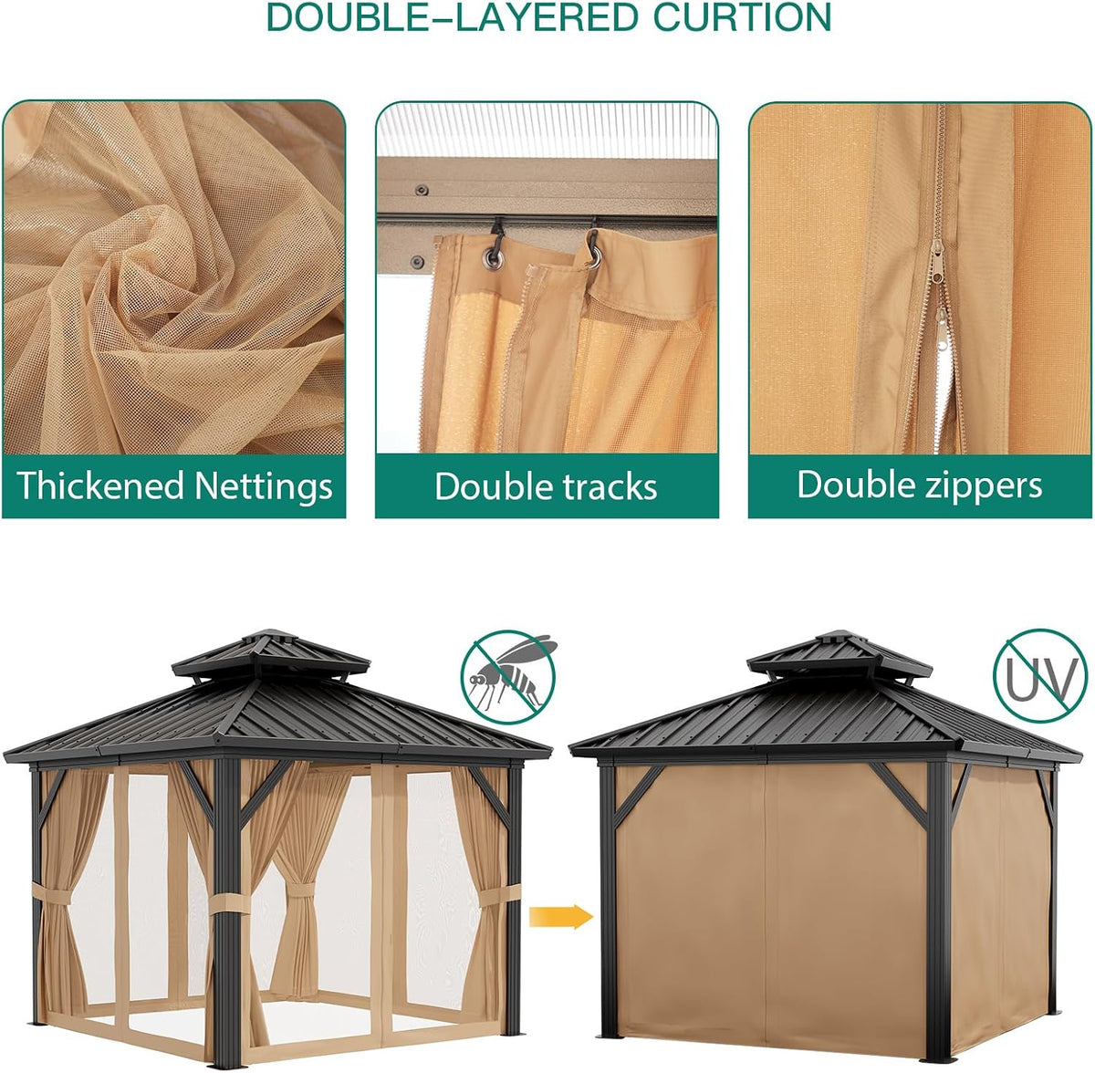 10X10 Ft Double Roof Hardtop Gazebo, Heavy Duty Galvanised Steel Hardtop Pavilion with Nettings and Curtains, Metal Roof Gazebo for Patio, Terrace, Lawn and Deck, Brown