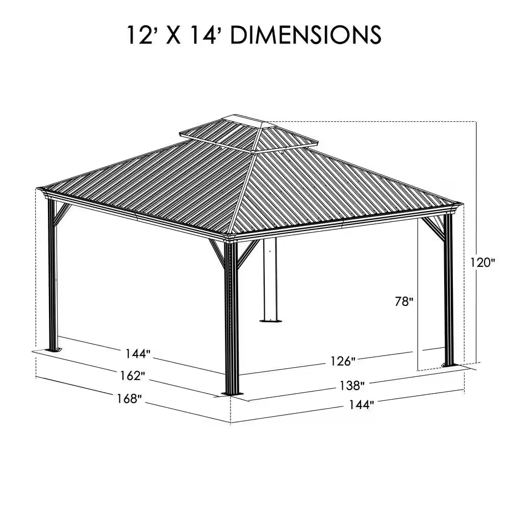 Alexander 14 Ft. D X 9 Ft. H X 12 Ft. W Aluminum Hardtop with Gazebo Galvanized Steel Roof, Nettings & Curtains(Gray)