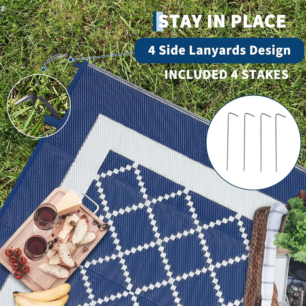 Outdoor Rug 8X10 Patio Waterproof Reversible Plastic Straw Rug, Large Uv-Resistant Portable RV Camping Mats with 4 Stakes & Carry Bag Boho Geometric Carpet for outside Deck Porch Garden, Navy