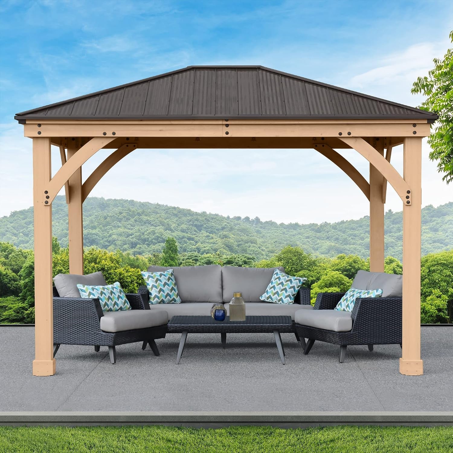 10 X 12 Meridian Cedar Wood Gazebo Pavilion for Patios, Decks, Garden, Backyard, Durable, Aluminum Roof