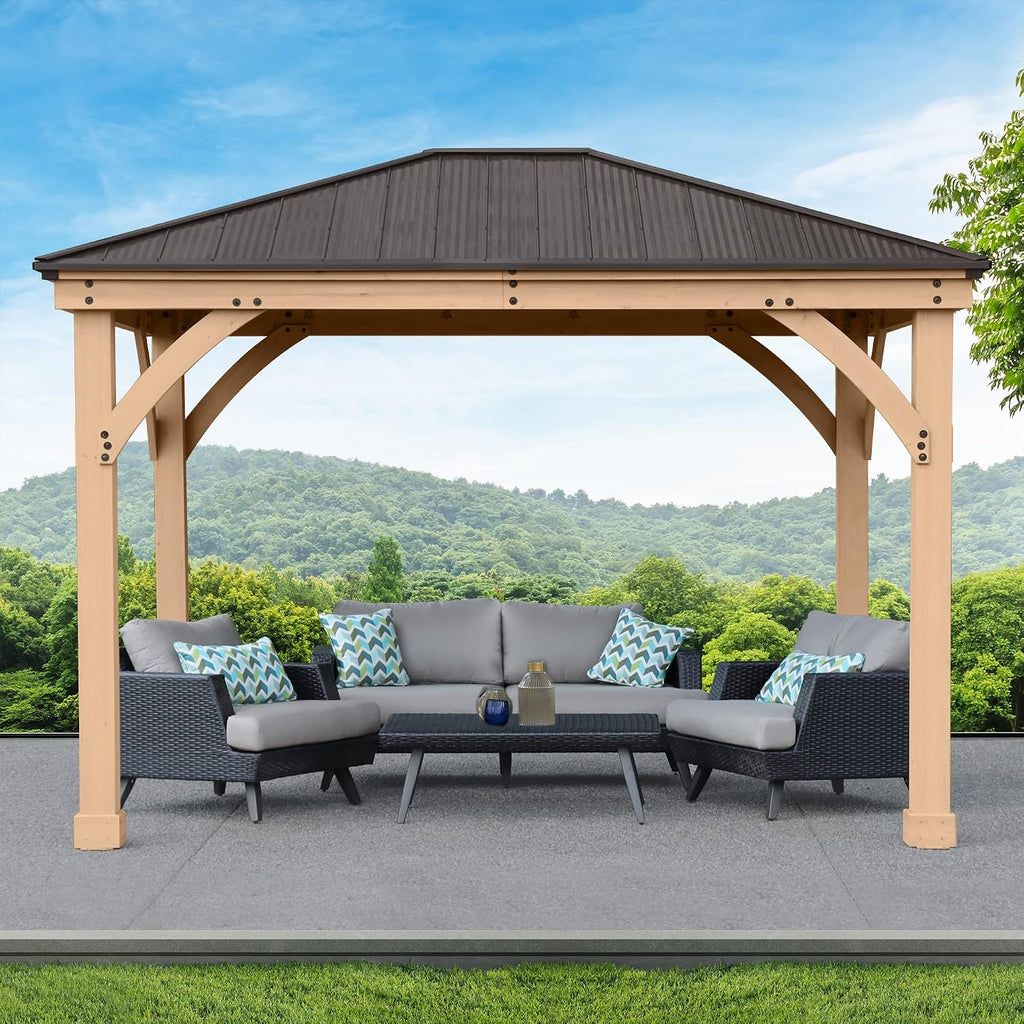 10 X 12 Meridian Cedar Wood Gazebo Pavilion for Patios, Decks, Garden, Backyard, Durable, Aluminum Roof
