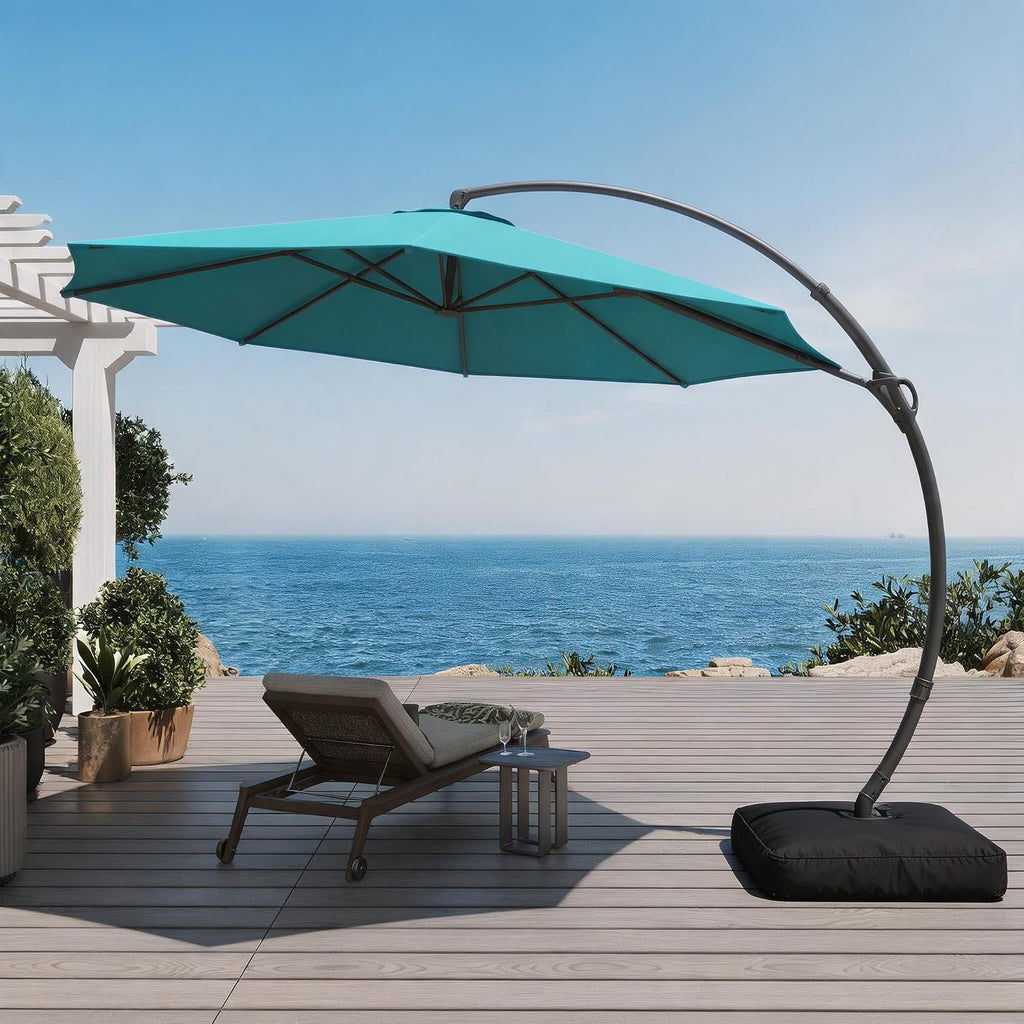 12FT Curvy Cantilever Patio Umbrella with Base, 360° Rotation Offset Outdoor Umbrella, Heavy Duty Hanging Umbrella for Backyard, Pool, Garden（Turquoise Blue）