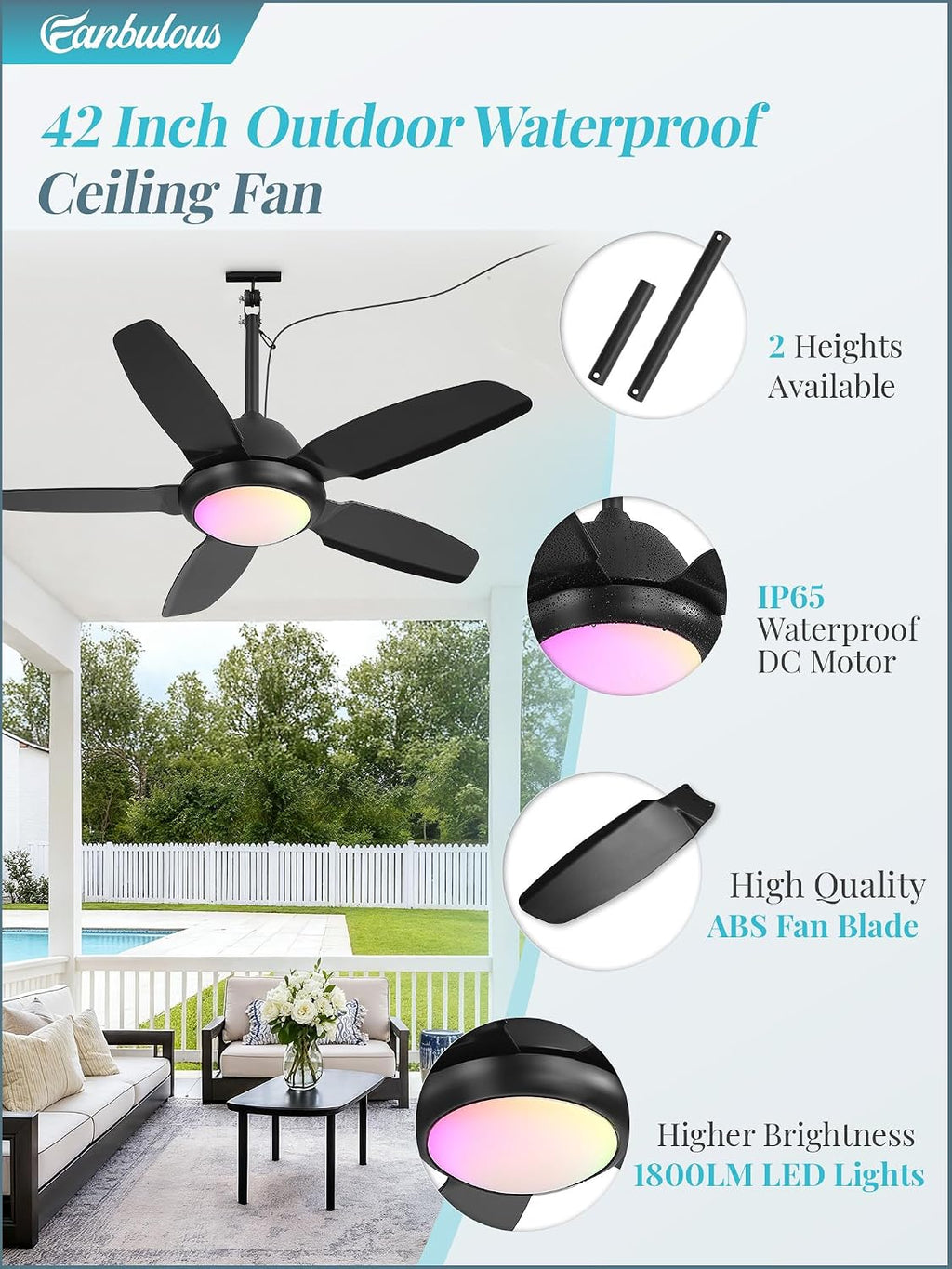 42" Waterproof Outdoor Ceiling Fan with Light for Patio,Black