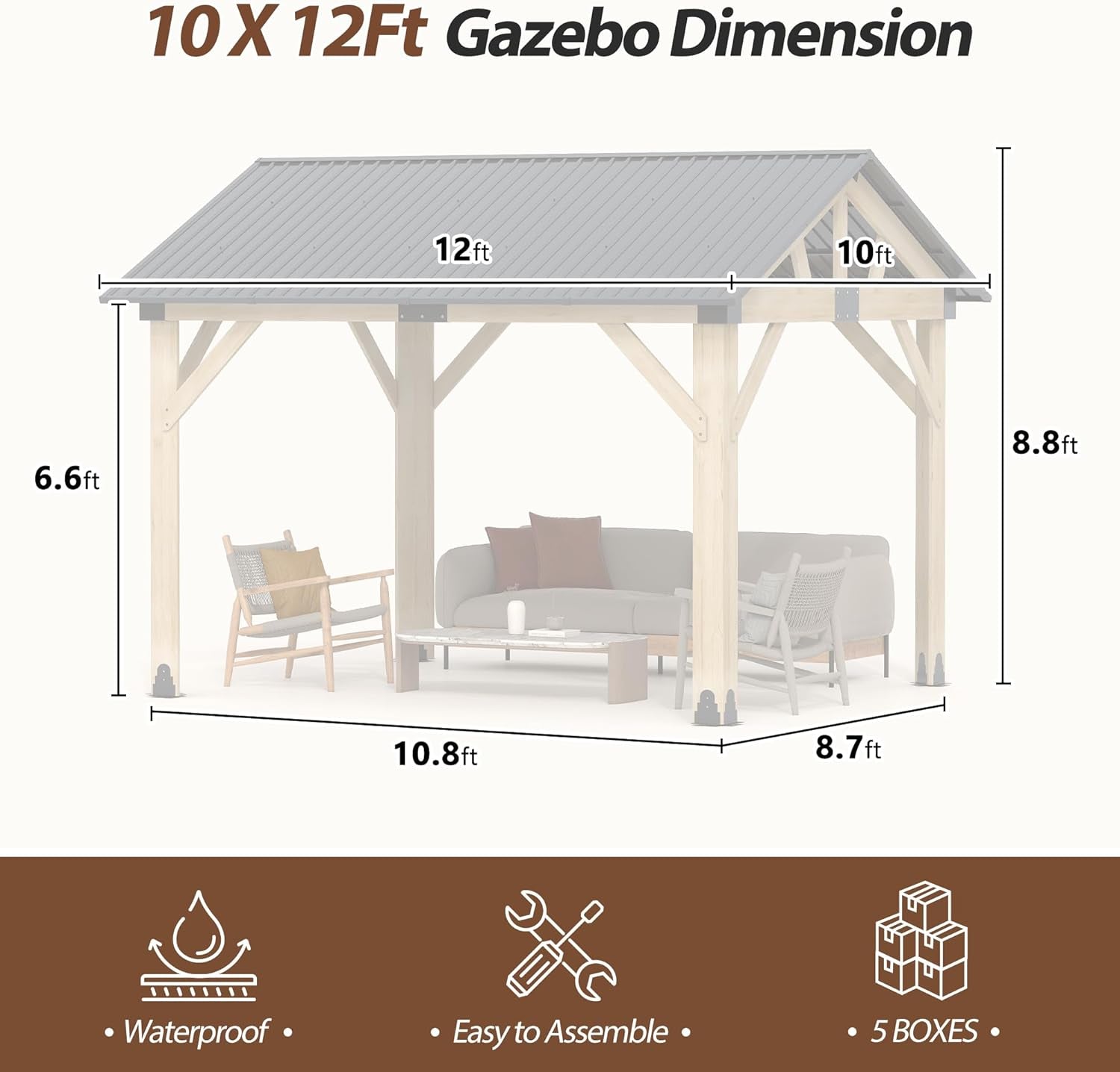 10' X 12' Wood Gazebo, Outdoor Cedar Hardtop Wooden Frame Gazebos with Galvanized Steel Roof for Garden, Patio, Deck