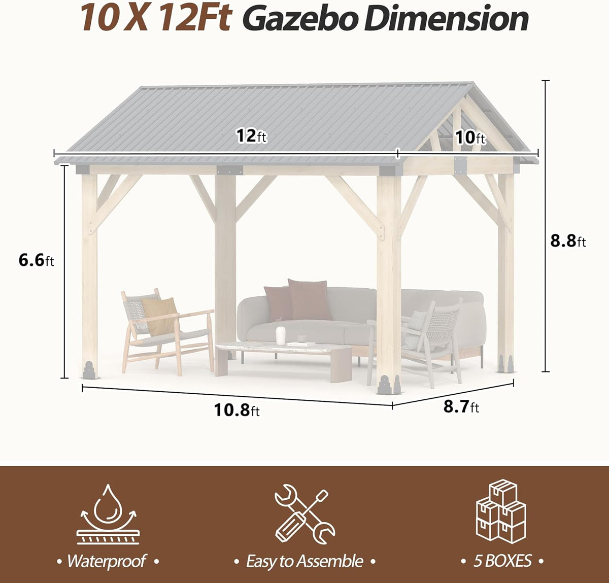 10' X 12' Wood Gazebo, Outdoor Cedar Hardtop Wooden Frame Gazebos with Galvanized Steel Roof for Garden, Patio, Deck