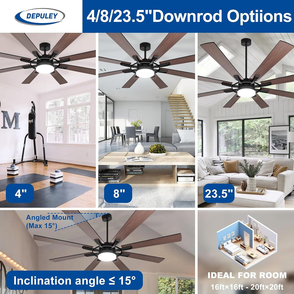 72-Inch Ceiling Fan with Light: Modern 8-Blade Walnut and Black Indoor Outdoor Fans with Remote Control Dimmable Light - Ultra Quiet DC Motor Reversible 6 Speed Timer