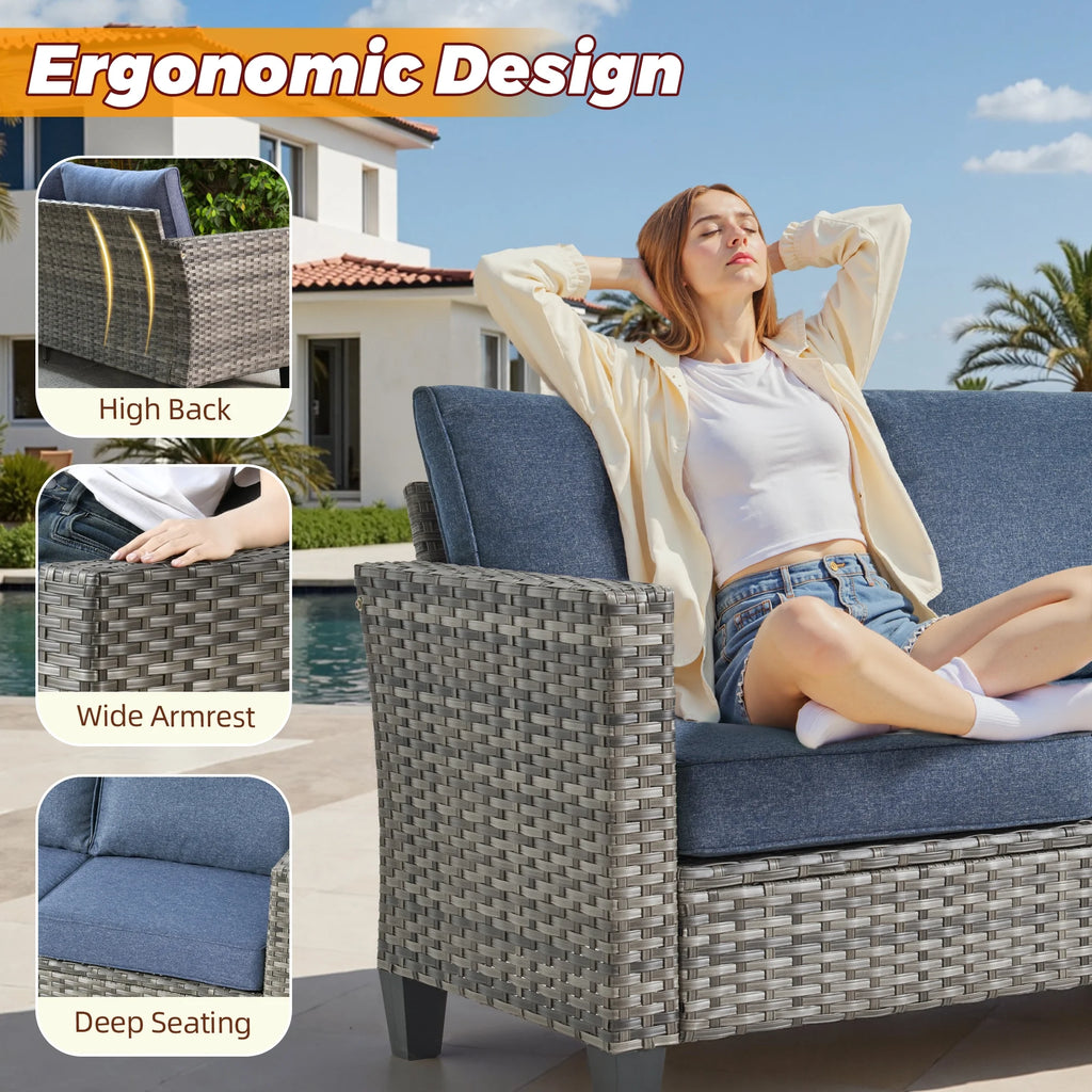 Outdoor Patio Furniture Sets with Solar Coffee Table, All-Weather Wicker Rattan Outdoor Furniture Conversation Set for Porch, Patio, Backyard--Blue