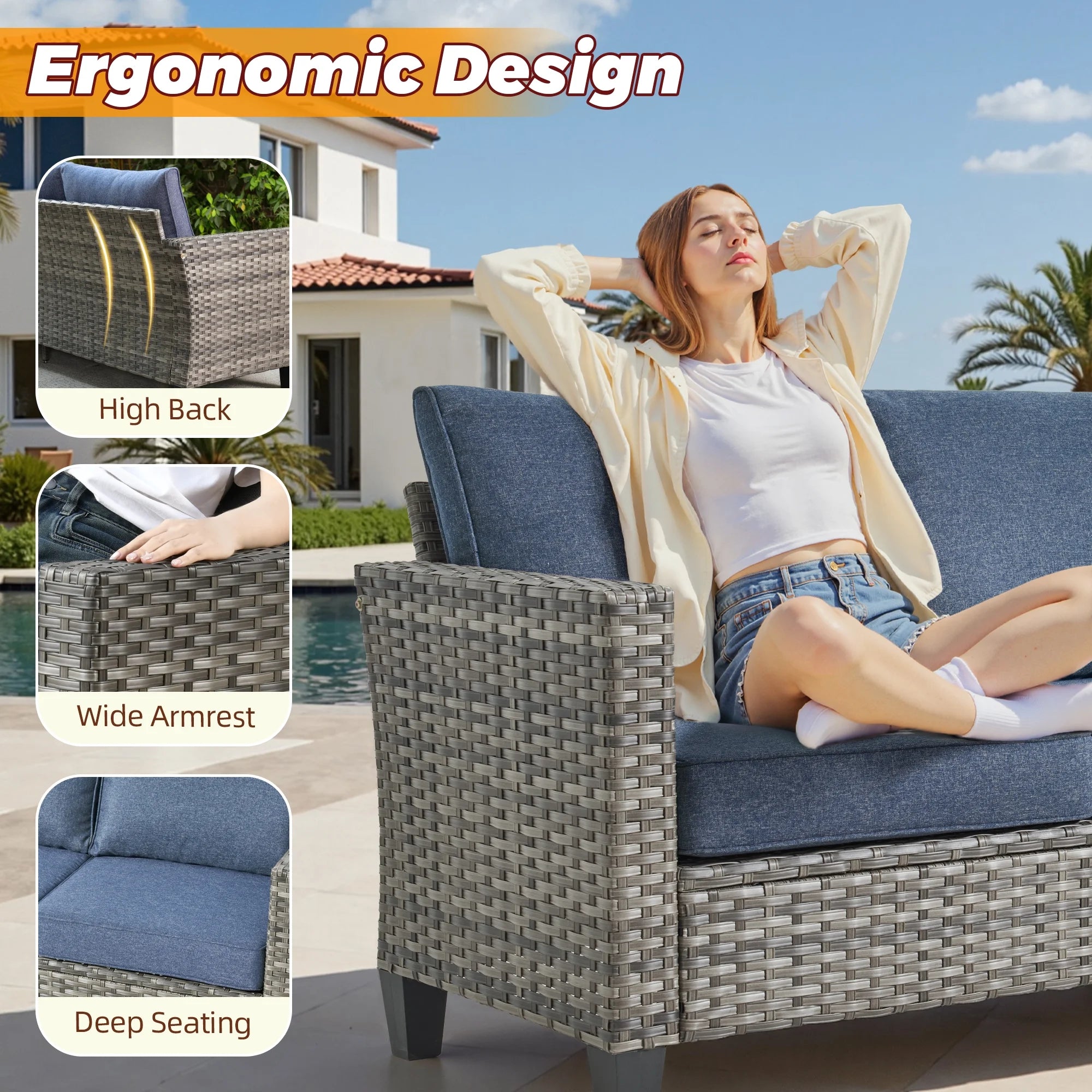 Outdoor Patio Furniture Sets with Solar Coffee Table, All-Weather Wicker Rattan Outdoor Furniture Conversation Set for Porch, Patio, Backyard--Blue