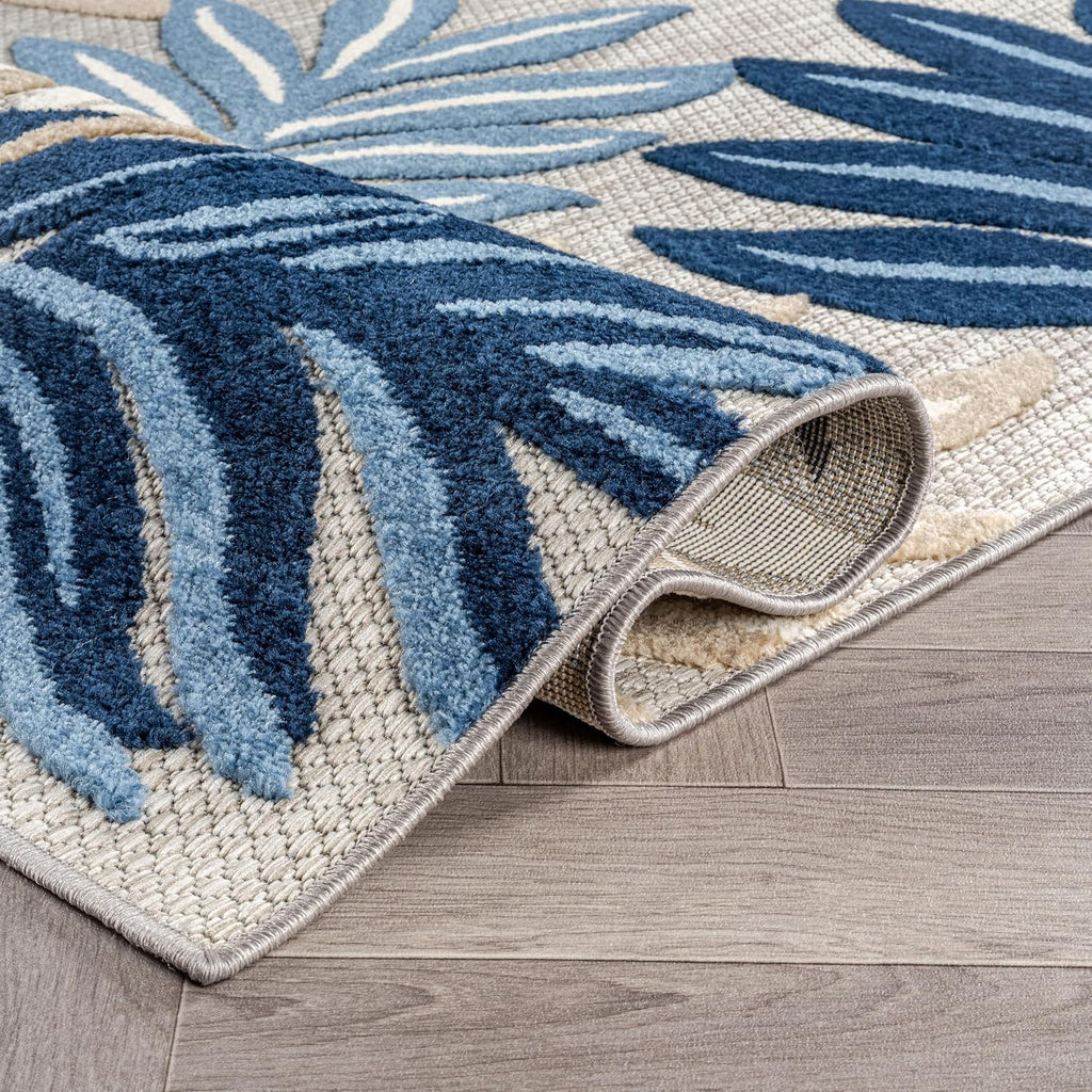 Transitional High-Low Textured Indoor Outdoor Rug Dark Blue 5' X 7'