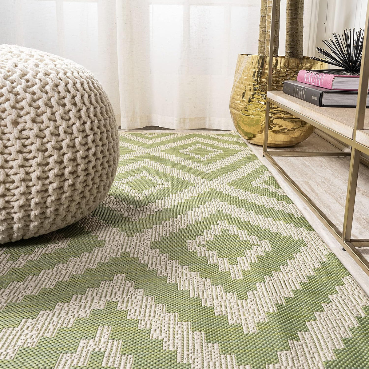 Diamond Tribal Indoor Outdoor Runner Rug 2X8 Green/Cream, Sintra for Backyard, Patio, Porch, Easy-Cleaning, High Traffic, Pet-Friendly, Non-Shedding (SMB116B-28)