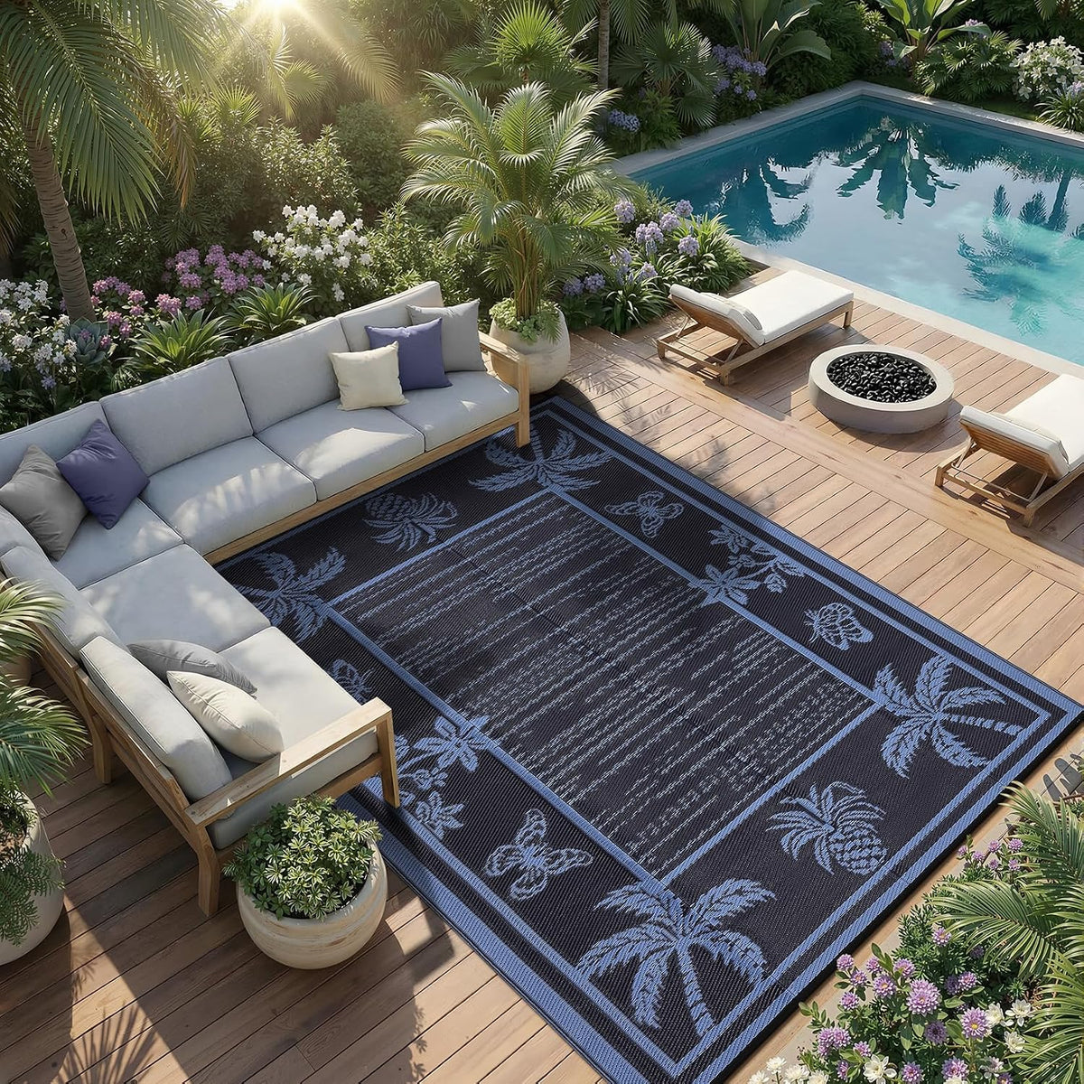 Outdoor Rug 8X10 Waterproof for Patios, Reversible Plastic Straw Rug, Tropical Leaf Indoor Outdoor Rugs, Large Area Rug for RV, Camping, Deck, Picnic Mat, outside Carpet
