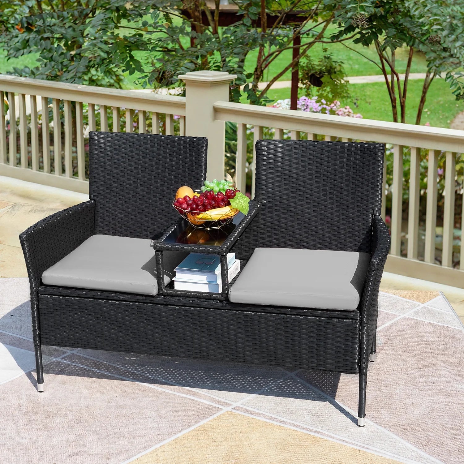 Outdoor Patio Loveseat Modern Rattan Patio Conversation Furniture Set with Cushions & Built-In Coffee Table Porch Furniture for Garden Lawn Backyard, Gray