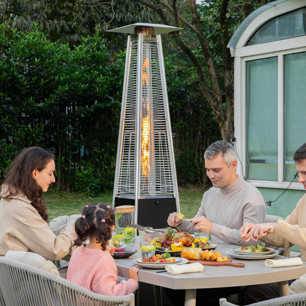 Outdoor Propane Patio Heater, 48,000 BTU Pyramid Outdoor Heater with Wheels, Hammered Bronze Tower Portable Heater with Oxford Cover for Garden, Terrace, Black