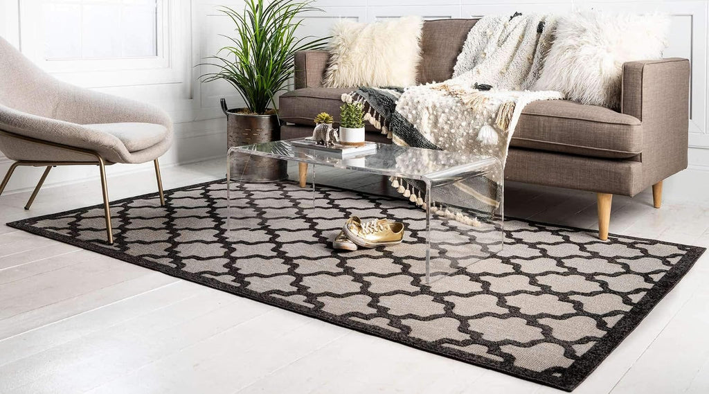 Outdoor Trellis Collection Area Rug - Tulsa (6' 1" X 9' Rectangle, Black/ Ivory)
