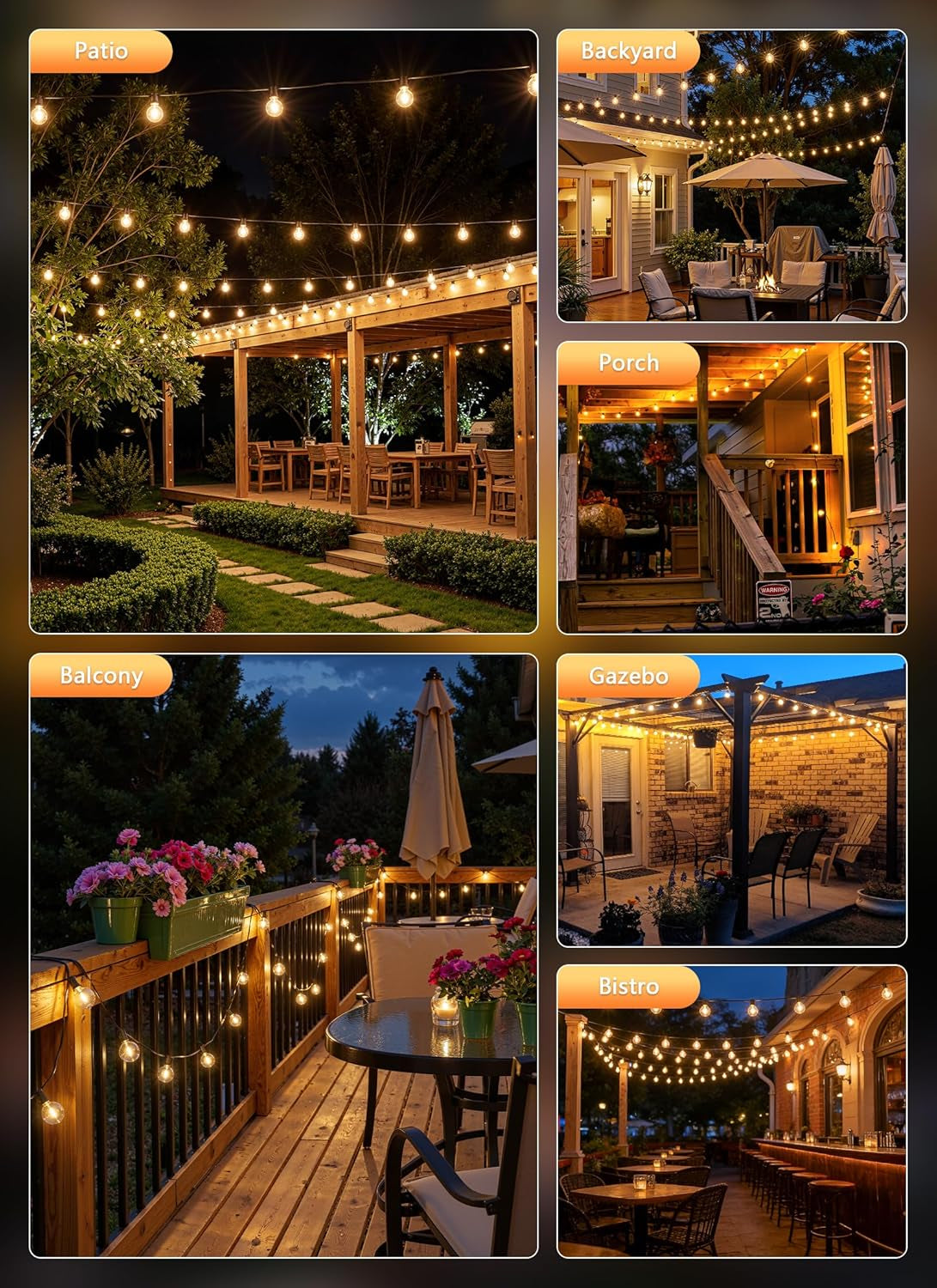 Outdoor String Lights, 100FT Shatterproof LED Patio Lights with 46 Dimmable Plastic G40 Bulbs, 2700K Waterproof Connectable Hanging String for Backyard, Cafe, Porch, Deck, Home Decor