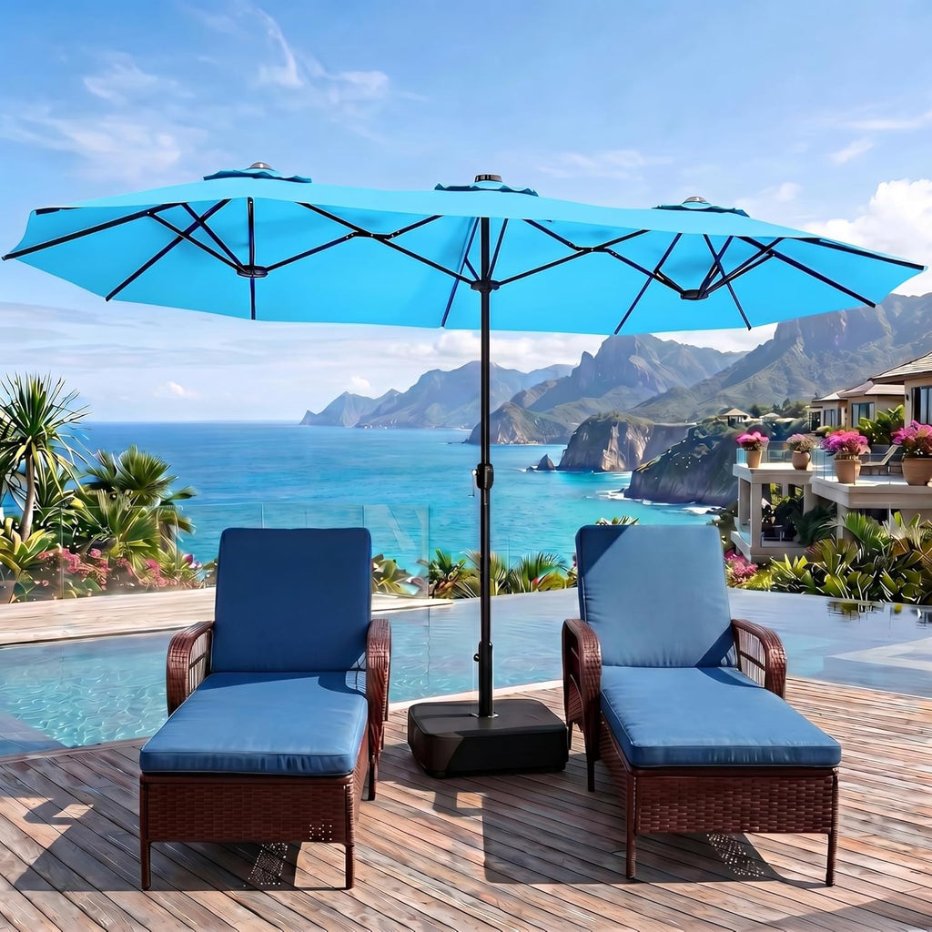 15FT Double-Sided Patio Umbrella with Base Included, Large Outdoor Rectangular Market Umbrella for Backyard, Poolside, Lawn & Garden