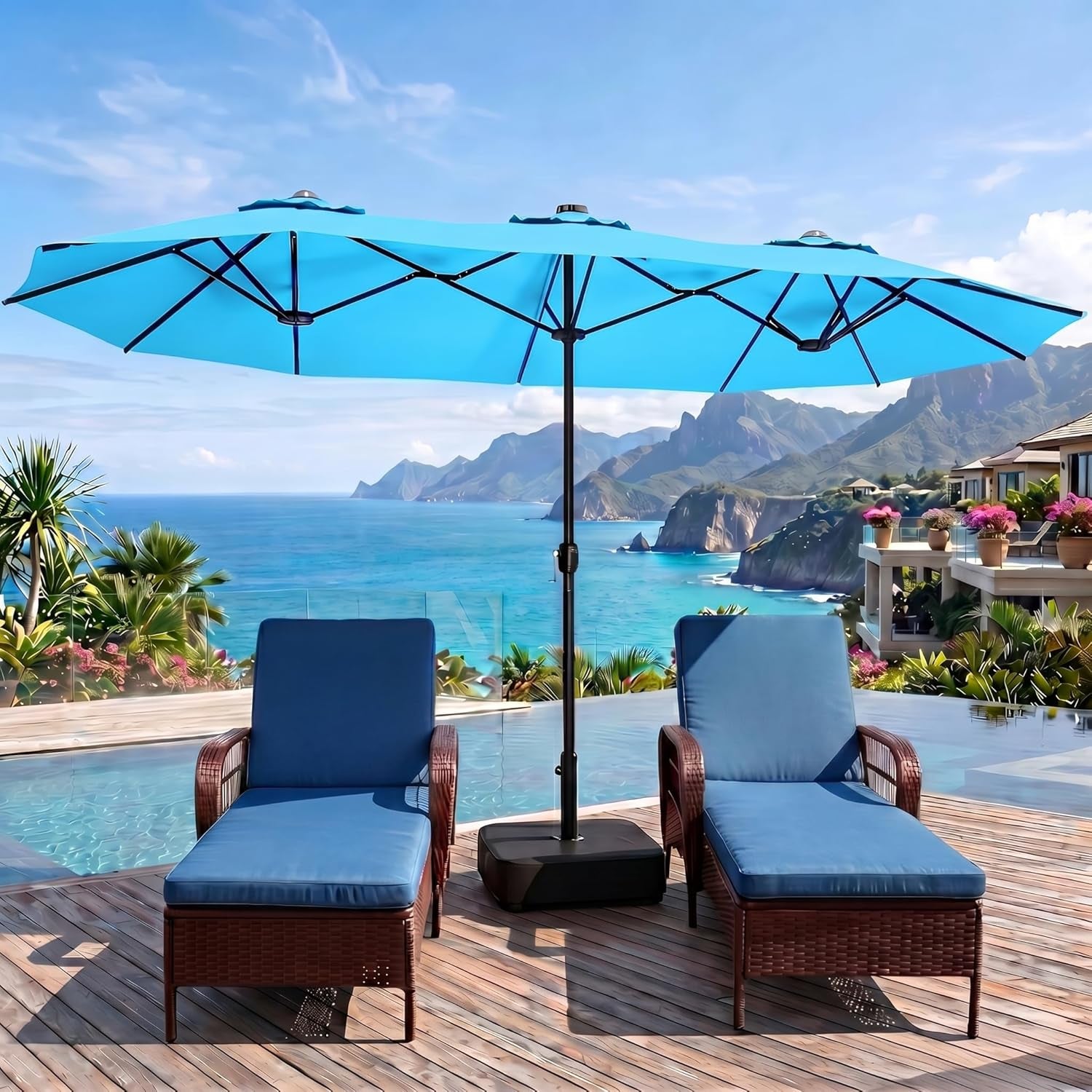 15FT Double-Sided Patio Umbrella with Base Included, Large Outdoor Rectangular Market Umbrella for Backyard, Poolside, Lawn & Garden