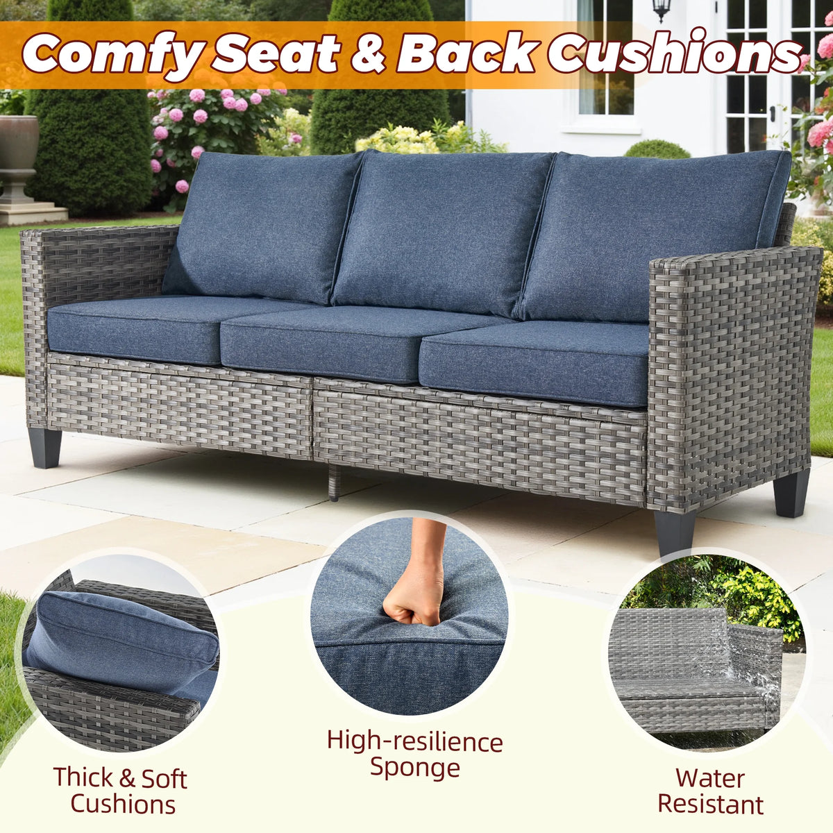 Outdoor Patio Furniture Sets with Solar Coffee Table, All-Weather Wicker Rattan Outdoor Furniture Conversation Set for Porch, Patio, Backyard--Blue