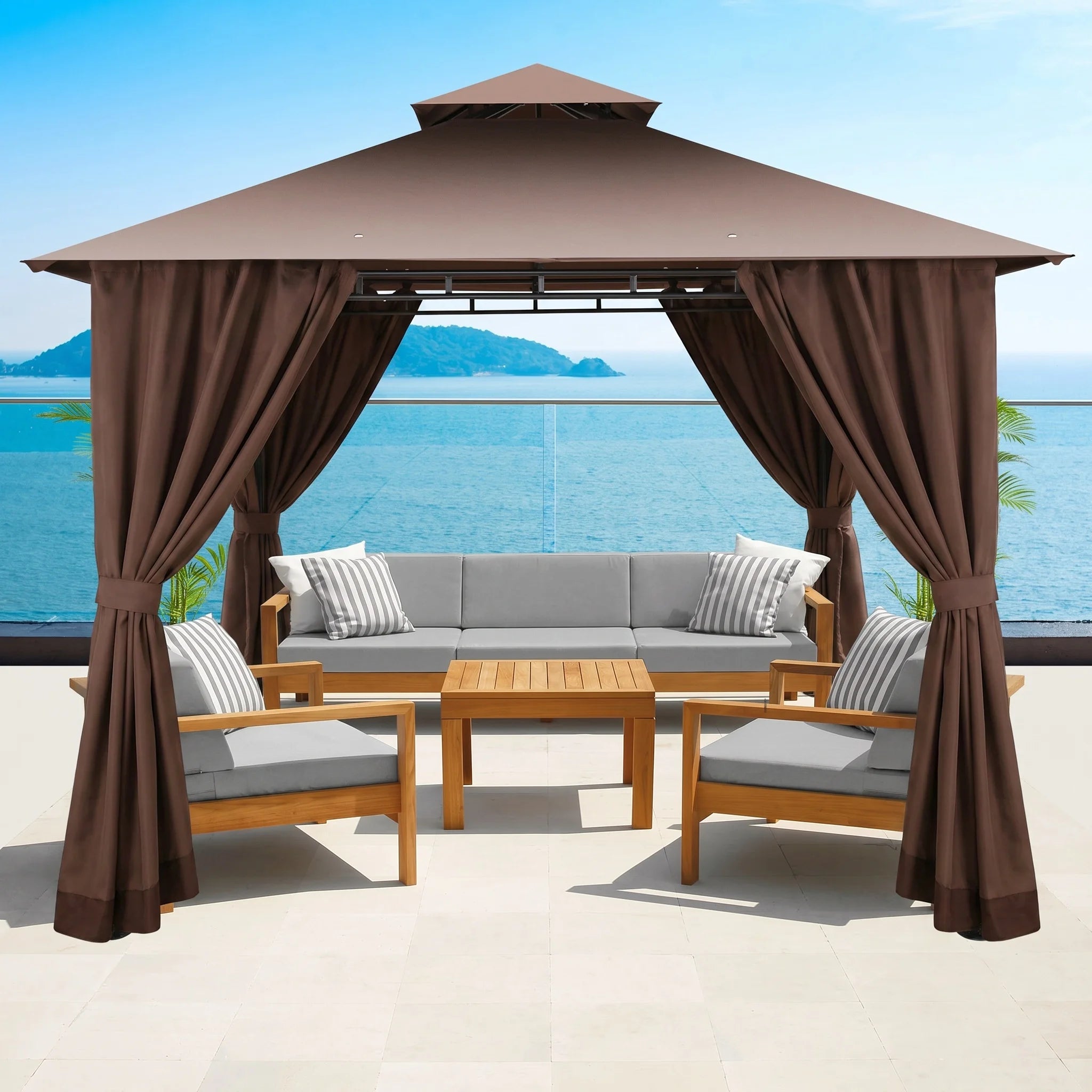 10'X10' Gazebo Canopy Tent, Assembled Style Wrought Iron Gazebo Tent with 4 Detachable Sidewalls, Rainproof & Sunproof Gazebo Canopy for Tailgate, Yard, Beach