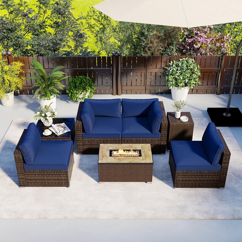 7 Pieces Patio Furniture Set with 32” Fire Pit Table and Propane Tank Cover, Outdoor PE Wicker Sectional Conversation Set with Cushions for Deck, Backyard, Protective Cover Included