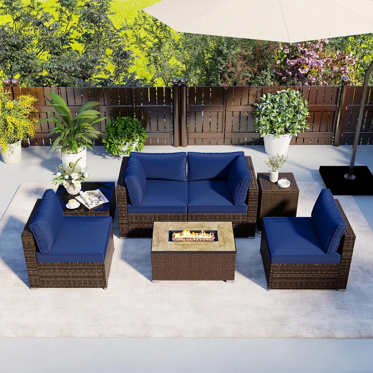 7 Pieces Patio Furniture Set with 32” Fire Pit Table and Propane Tank Cover, Outdoor PE Wicker Sectional Conversation Set with Cushions for Deck, Backyard, Protective Cover Included