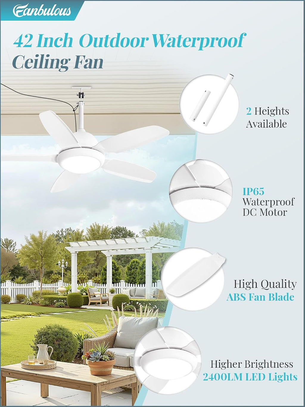42 Inch Waterproof Outdoor Ceiling Fan with Light for Patio,White