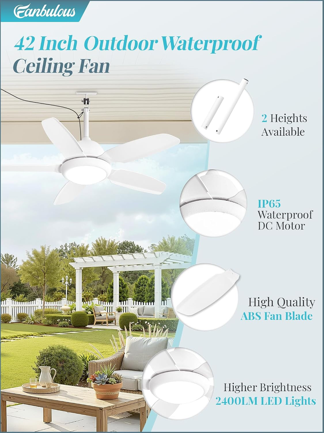 42 Inch Waterproof Outdoor Ceiling Fan with Light for Patio,White