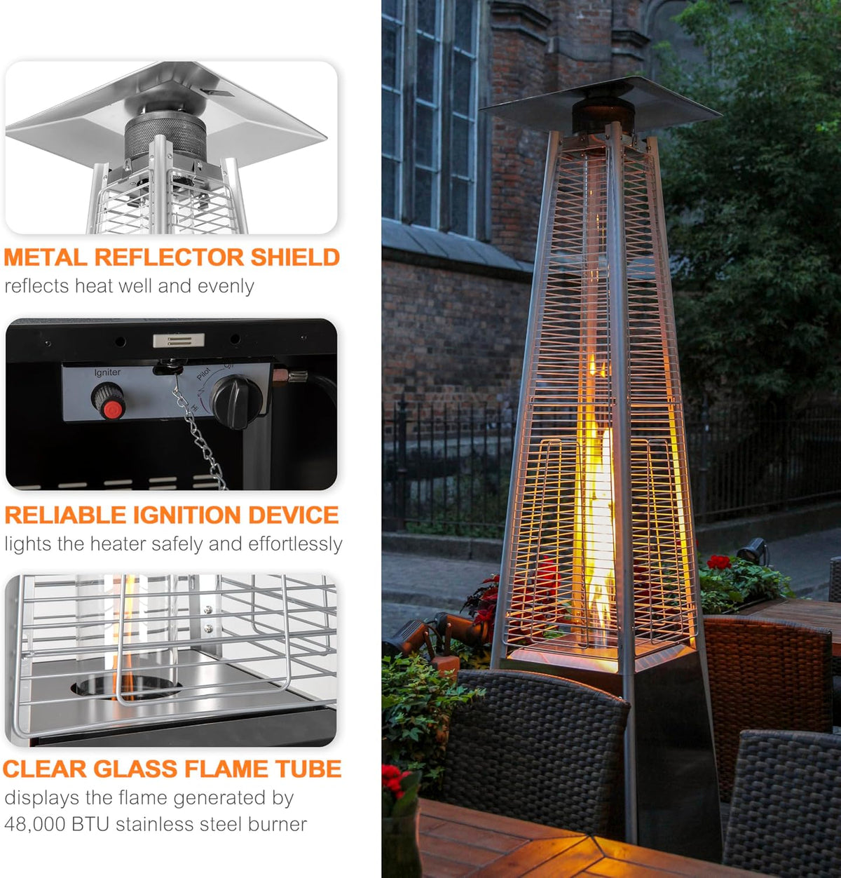 Outdoor Propane Patio Heater, 48,000 BTU Pyramid Outdoor Heater with Wheels, Hammered Bronze Tower Portable Heater with Oxford Cover for Garden, Terrace, Black