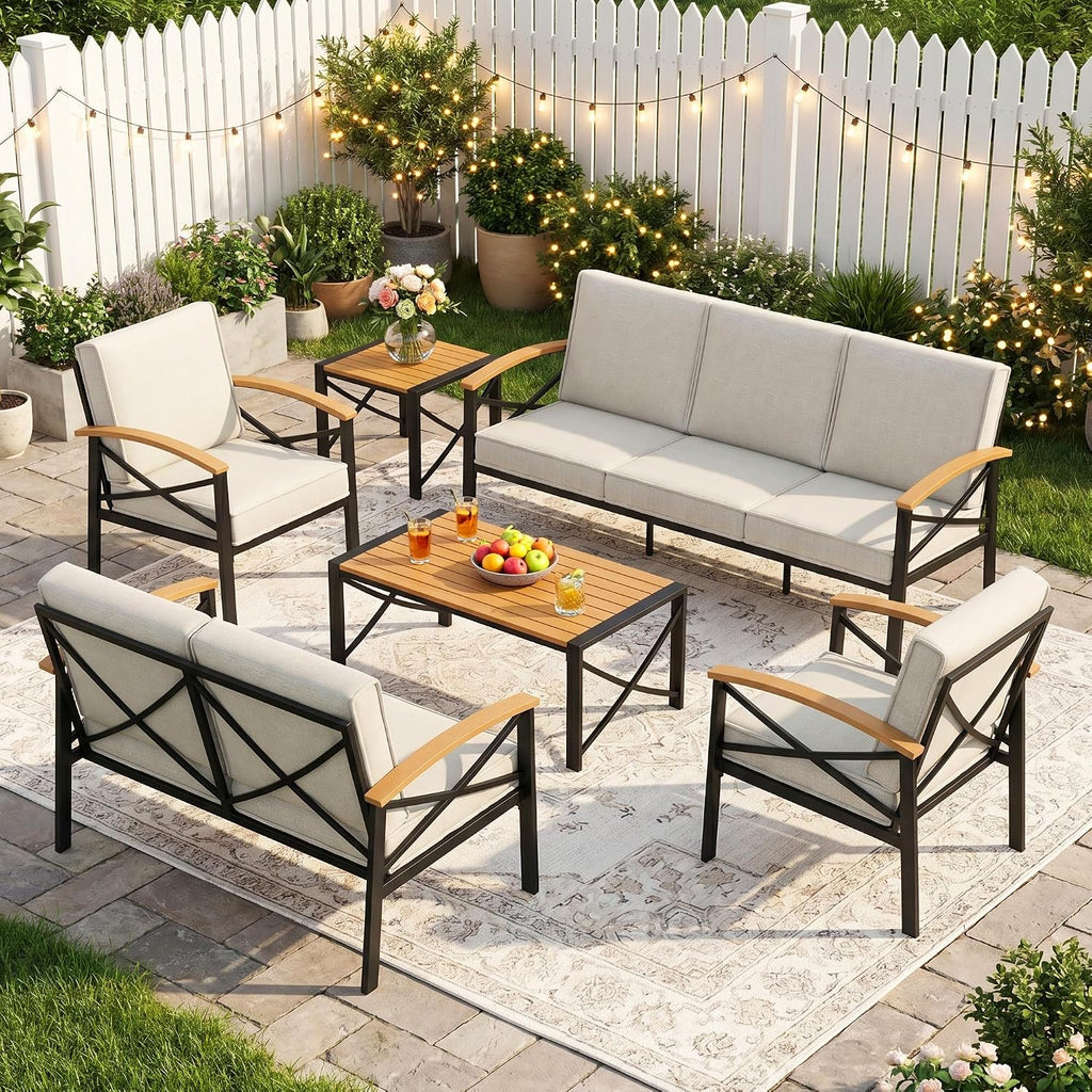 6-Piece Outdoor Patio Furniture Set for All-Weather, Heavy-Duty Metal outside Furniture with Washable Thick Cushions, Patio Sectional with Coffee Table for Patio, Deck, Backyard, Garden, Beige