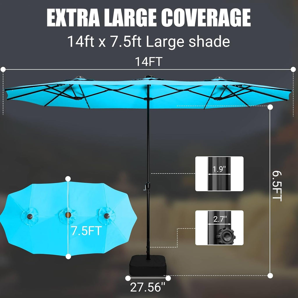 15FT Double-Sided Patio Umbrella with Base Included, Large Outdoor Rectangular Market Umbrella for Backyard, Poolside, Lawn & Garden