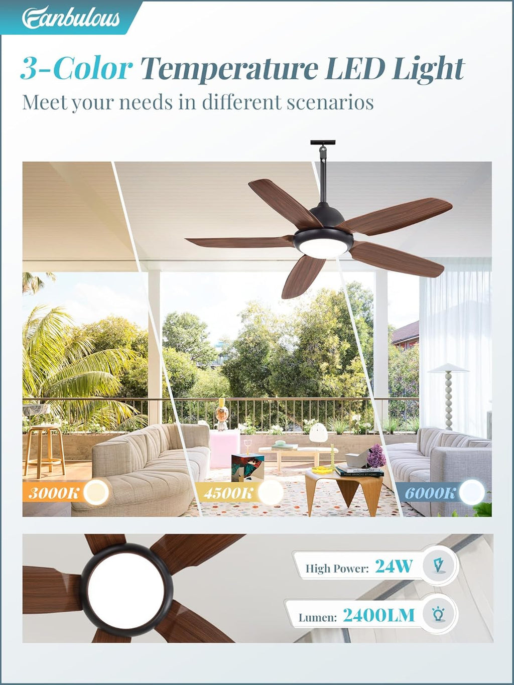 52 Inch Waterproof Outdoor Ceiling Fan with Light for Patio,Brown