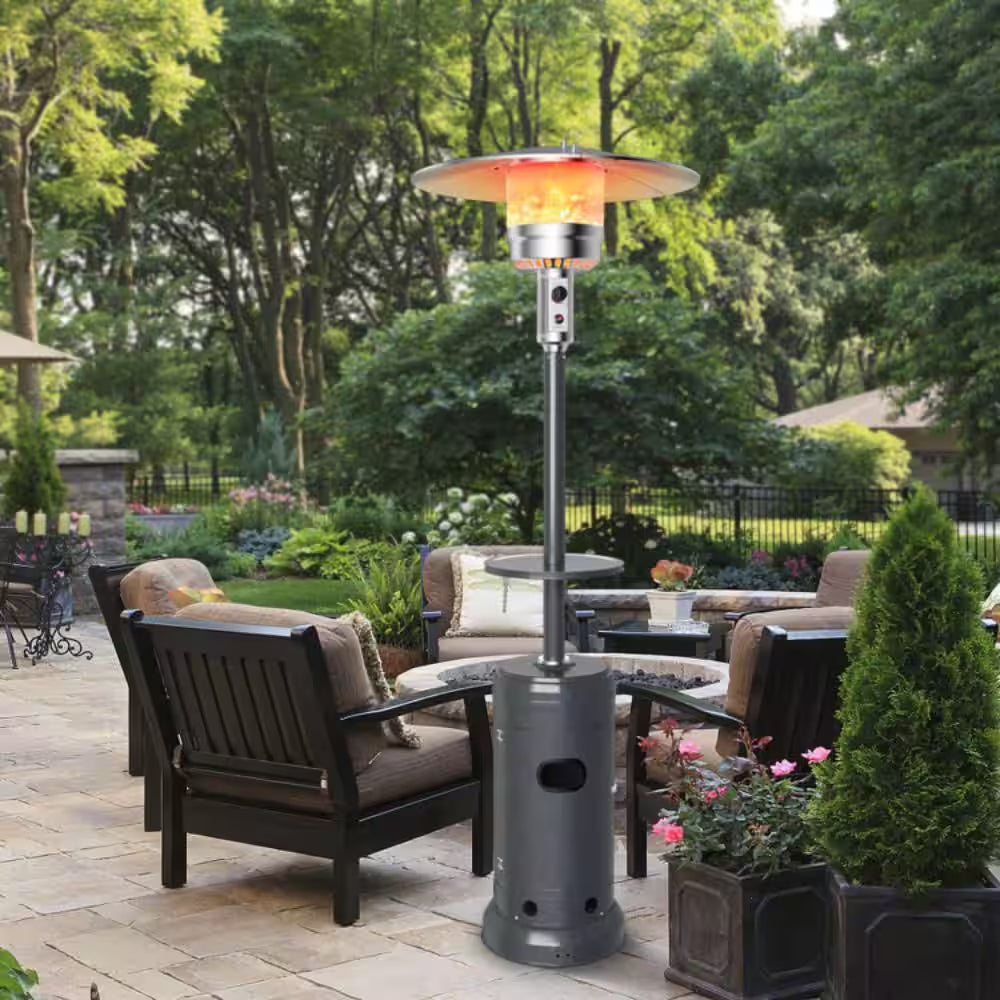 48,000 BTU Gray Outdoor Propane Patio Heater with Table and Wheels, Tip-Over Protection, Freestanding Outdoor Heater