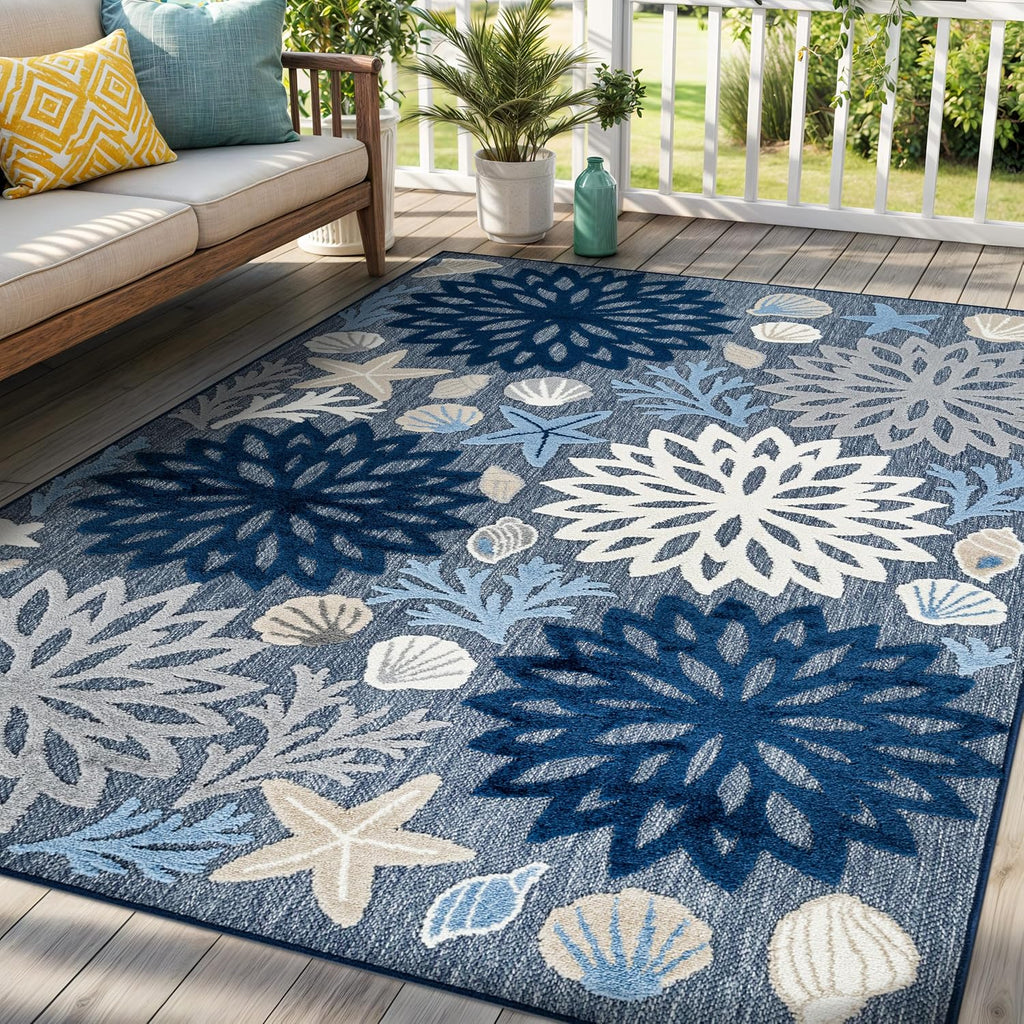 Coastal High-Low Textured Floral Indoor Outdoor Rug Navy 5' X 7'
