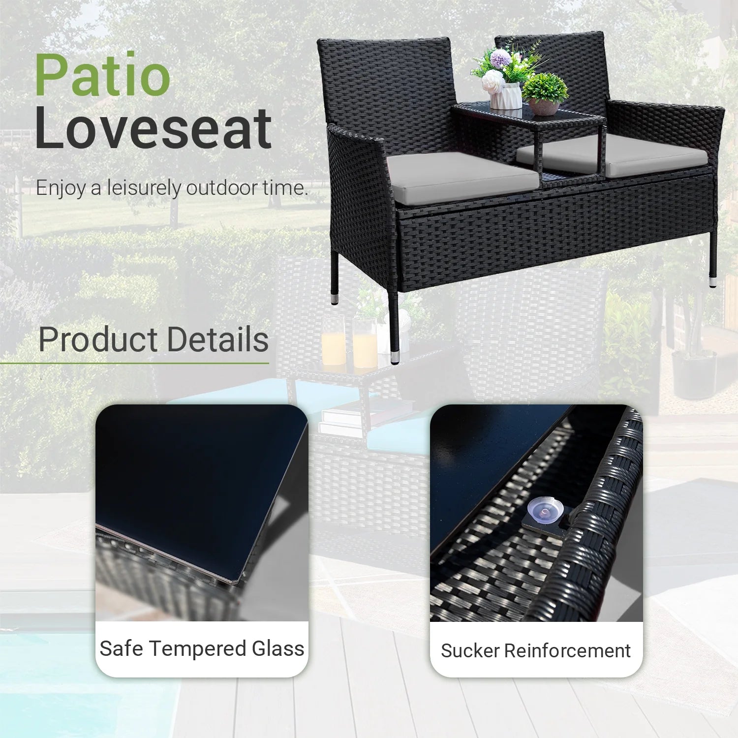 Outdoor Patio Loveseat Modern Rattan Patio Conversation Furniture Set with Cushions & Built-In Coffee Table Porch Furniture for Garden Lawn Backyard, Gray