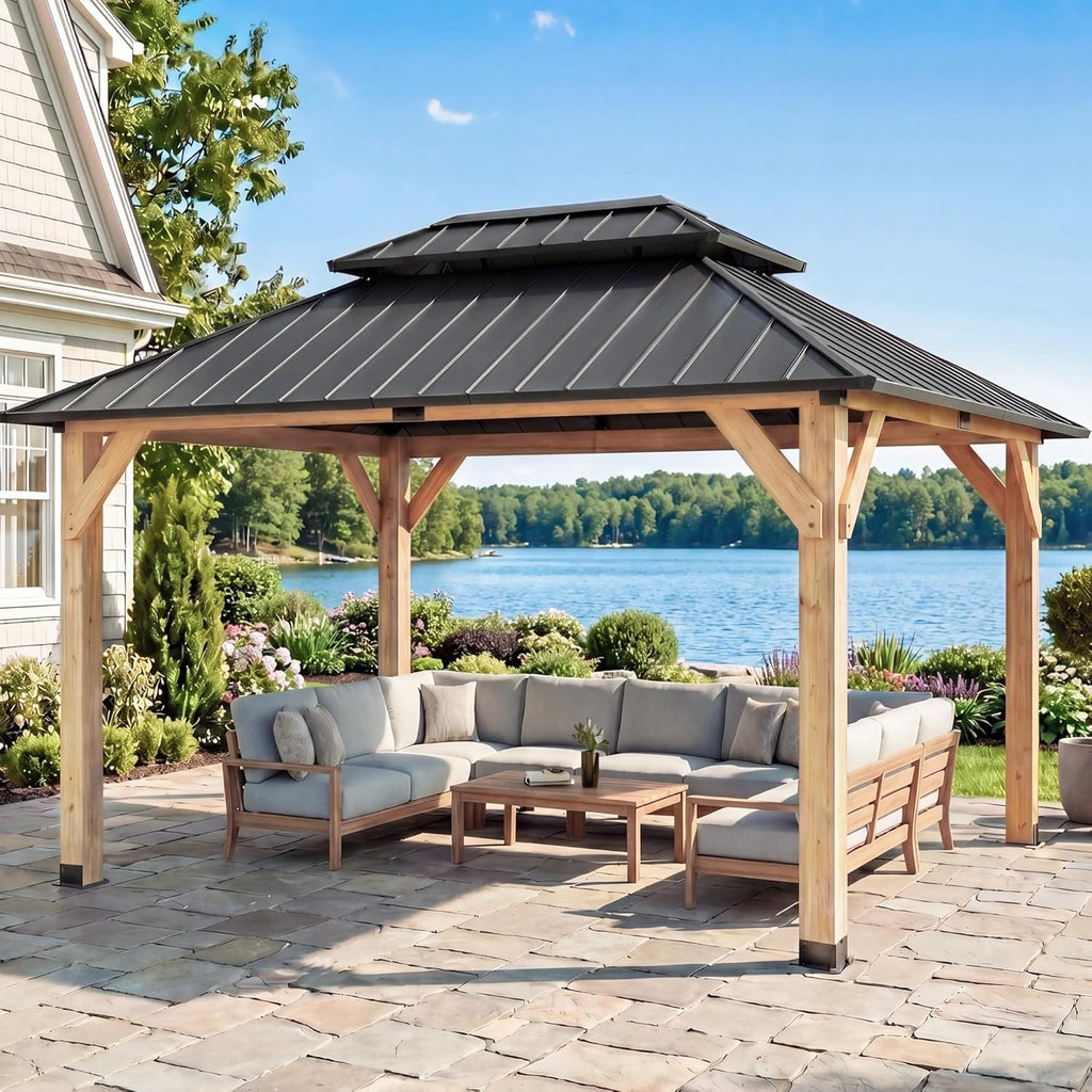 10' X 12' Outdoor Wood Gazebo,Metal Hardtop Gazebo Color DIY
