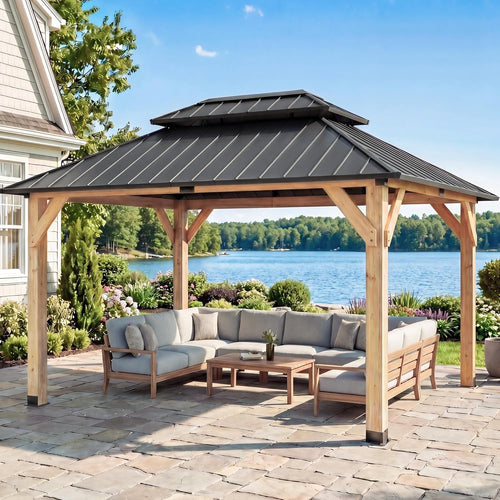 10' X 12' Outdoor Wood Gazebo,Metal Hardtop Gazebo Color DIY
