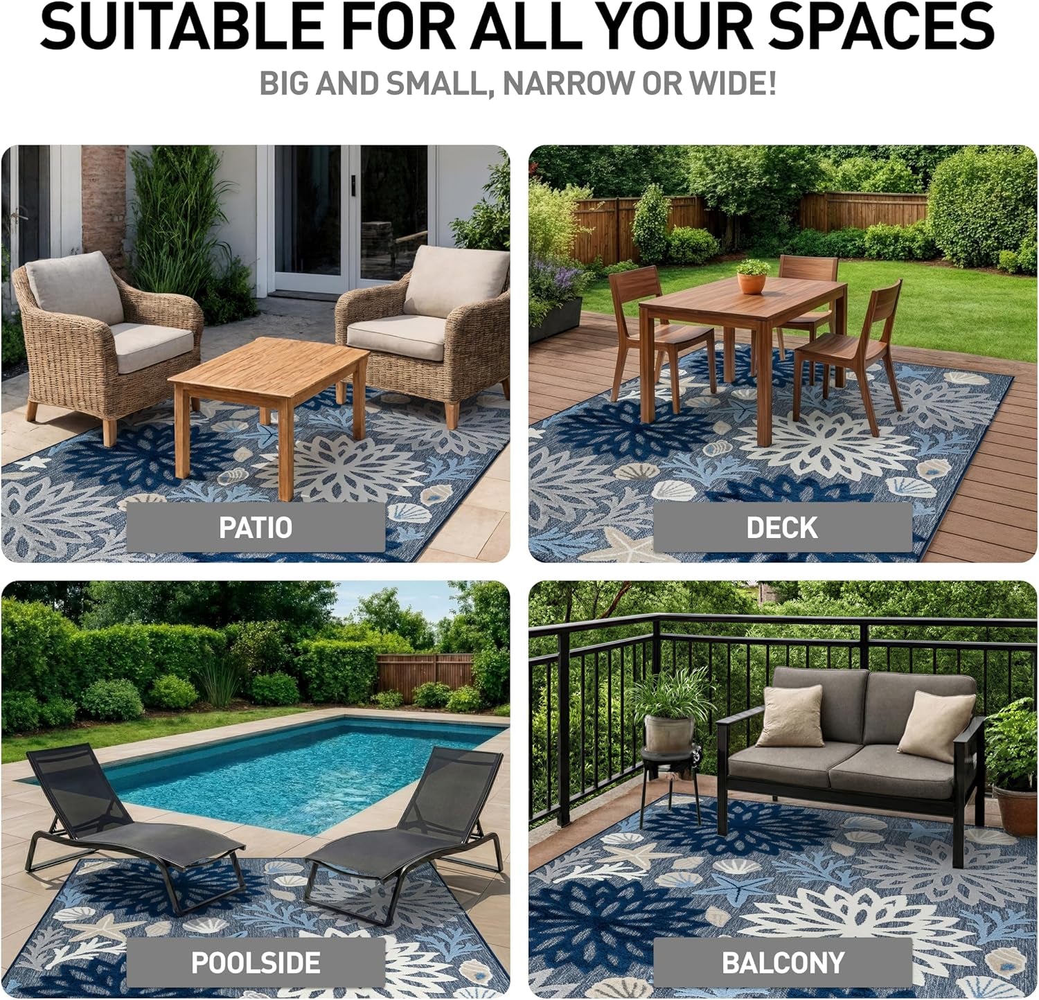 Coastal High-Low Textured Floral Indoor Outdoor Rug Navy 5' X 7'