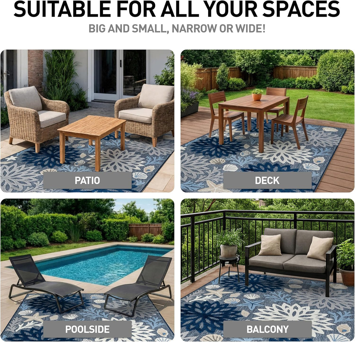 Coastal High-Low Textured Floral Indoor Outdoor Rug Navy 5' X 7'