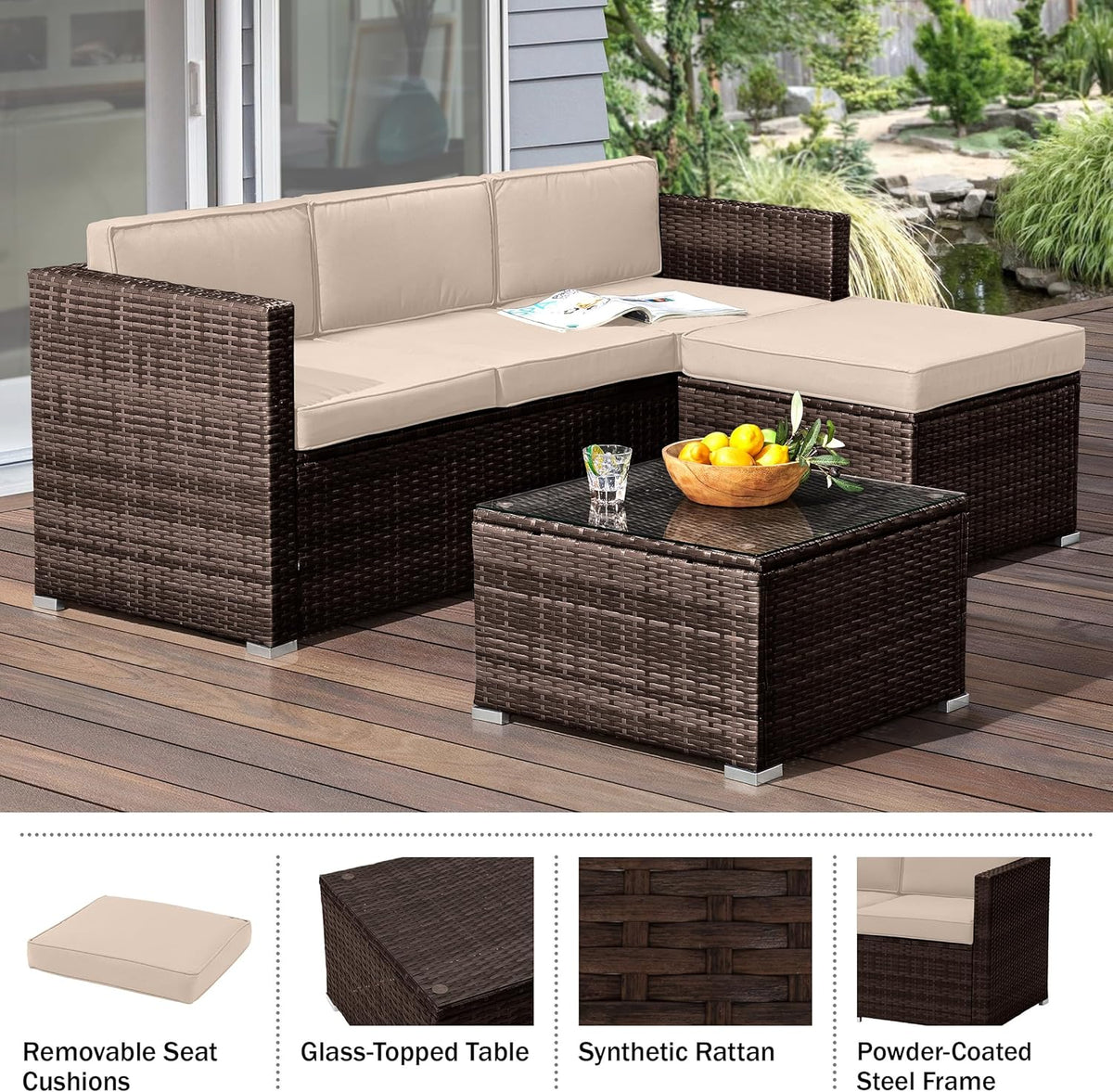 Patio Furniture Set - 3-Piece Rattan Outdoor Sectional, Ottoman, and Table Combo - Deck, Pool, Sunroom, or Backyard Furniture (Brown)
