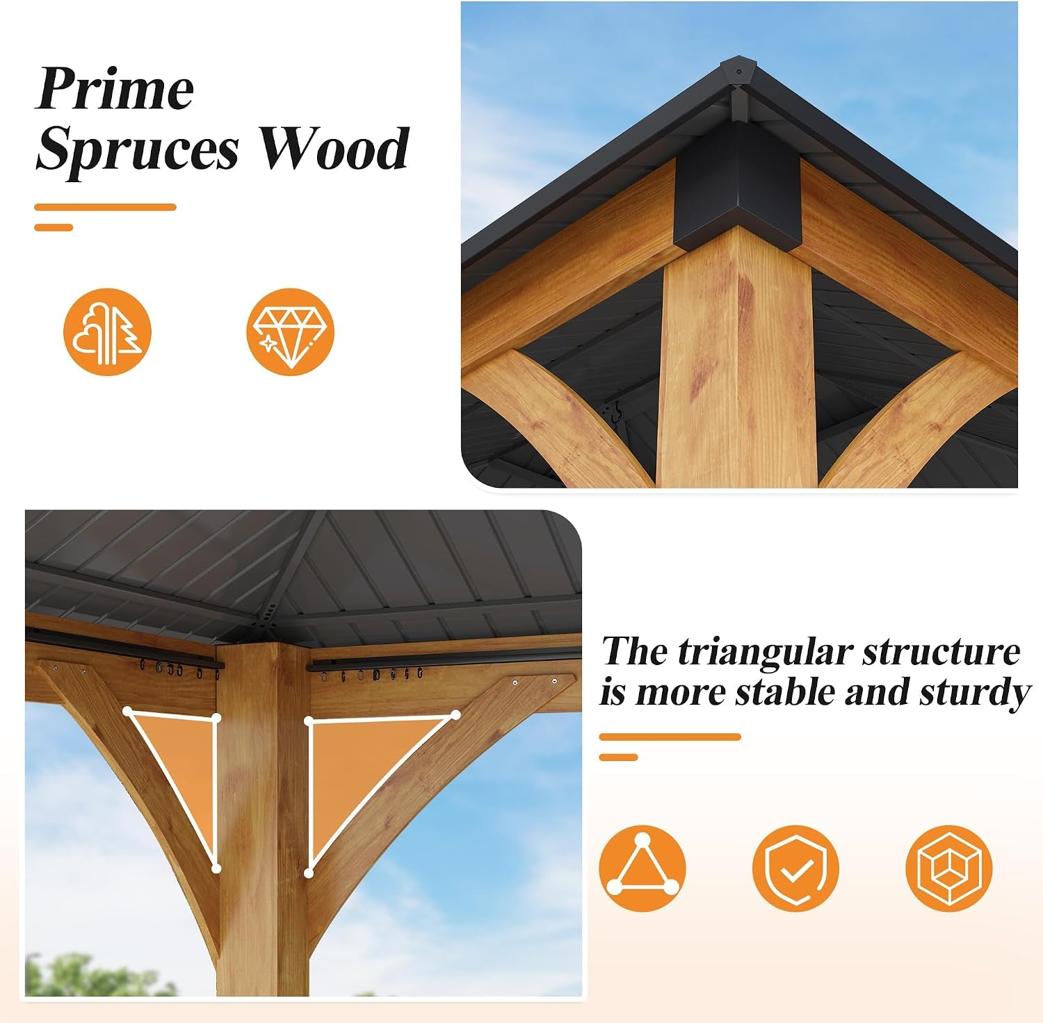 11’X 13’ Outdoor Spruce Wood Gazebo, Patio Hardtop Gazebo