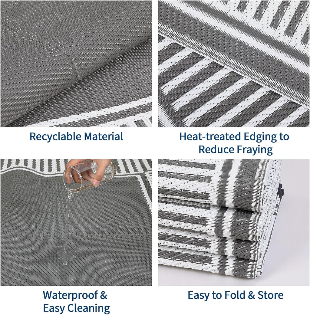 8X10 Outdoor Rug Waterproof Plastic Straw Rug Border Grey