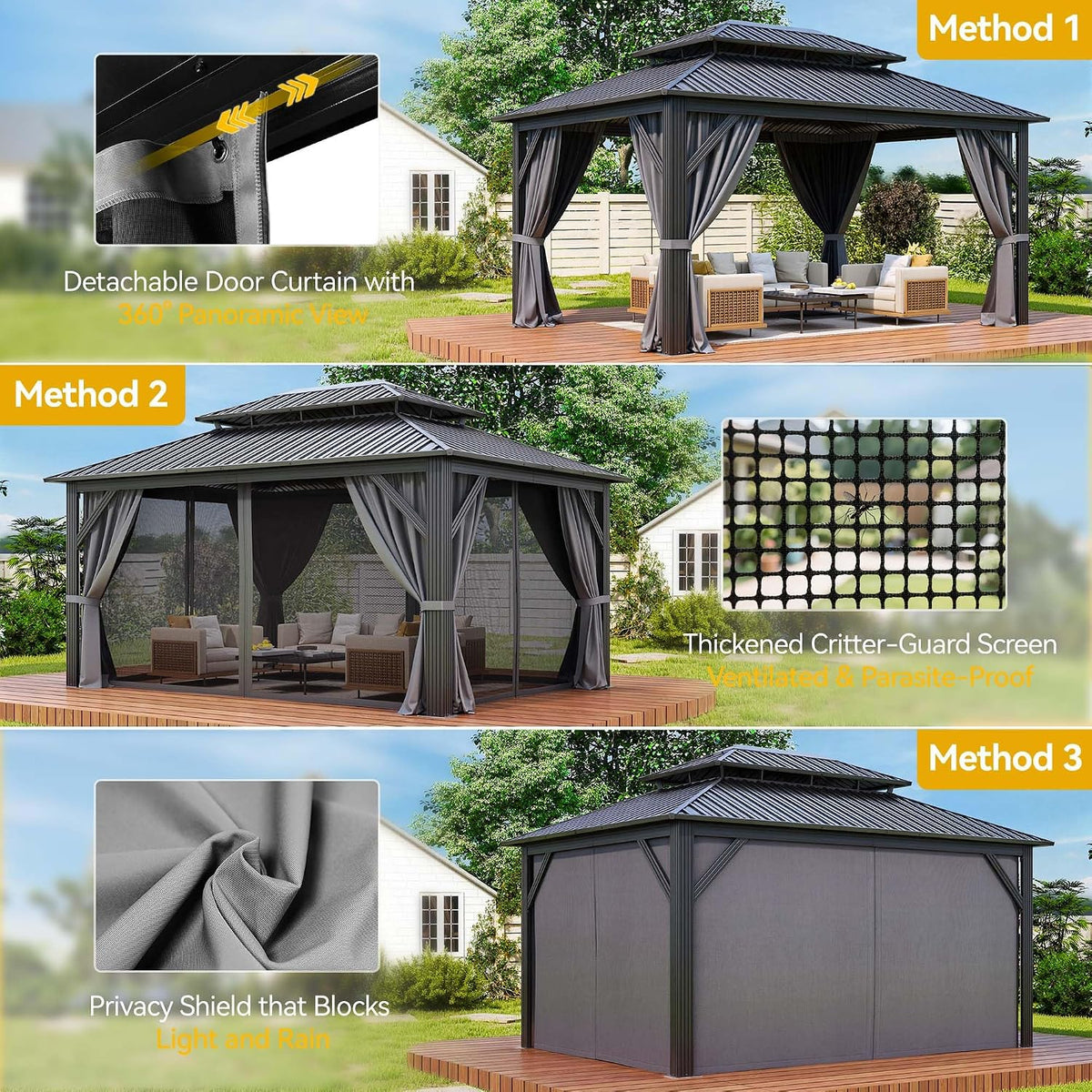 16X12Ft Metal Gazebo Hardtop Double Roof Canopy Outdoor Gazebo