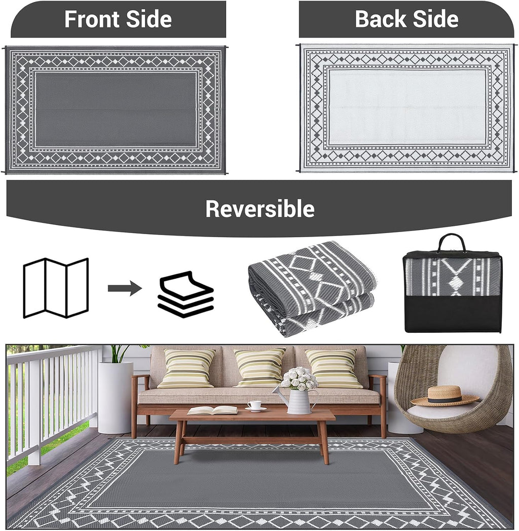 Outdoor Rug 8X10 Waterproof Patio Rugs Modern Bordered Reversible Mat for Front Door Rv Foldable Plastic Straw Carpet for Travel Trailers, Deck, Picnic, Porch, Camper, Balcony, Beach, Grey