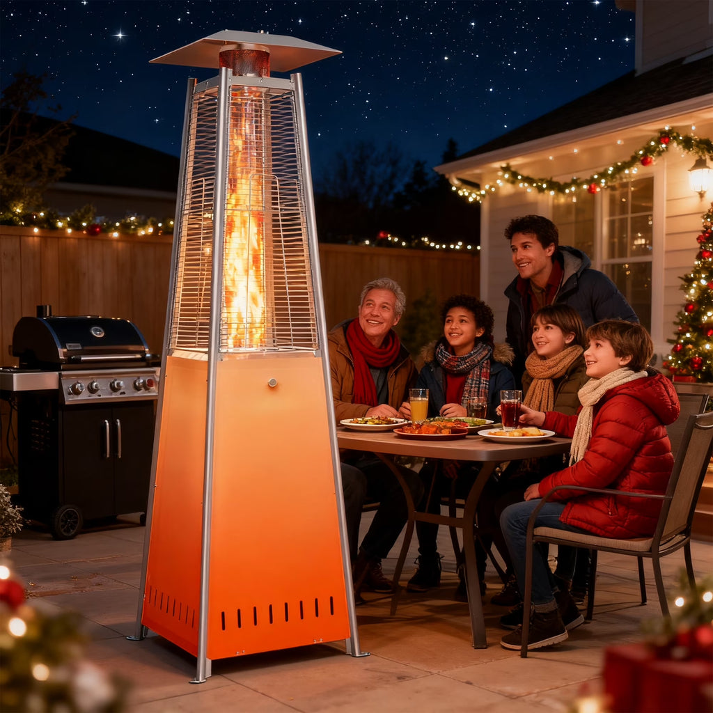 Pyramid Patio Heater, 42000 BTU Outdoor Patio Heater, 7.5 Feet LED Standing Heater with Cover and Wheels, Silver