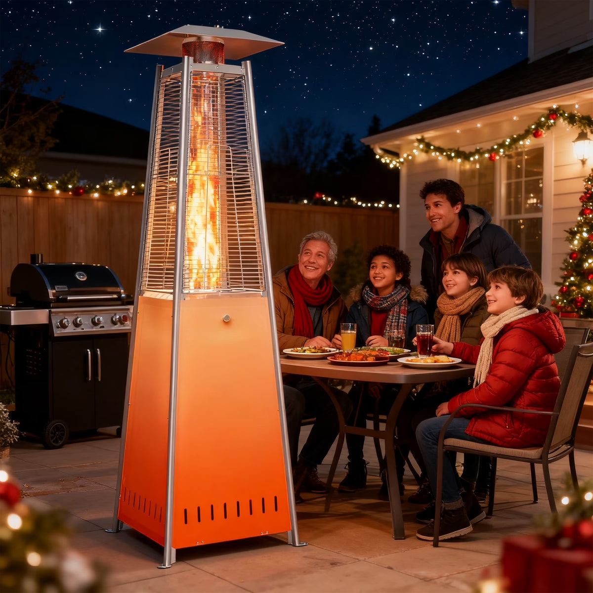 Pyramid Patio Heater, 42000 BTU Outdoor Patio Heater, 7.5 Feet LED Standing Heater with Cover and Wheels, Silver