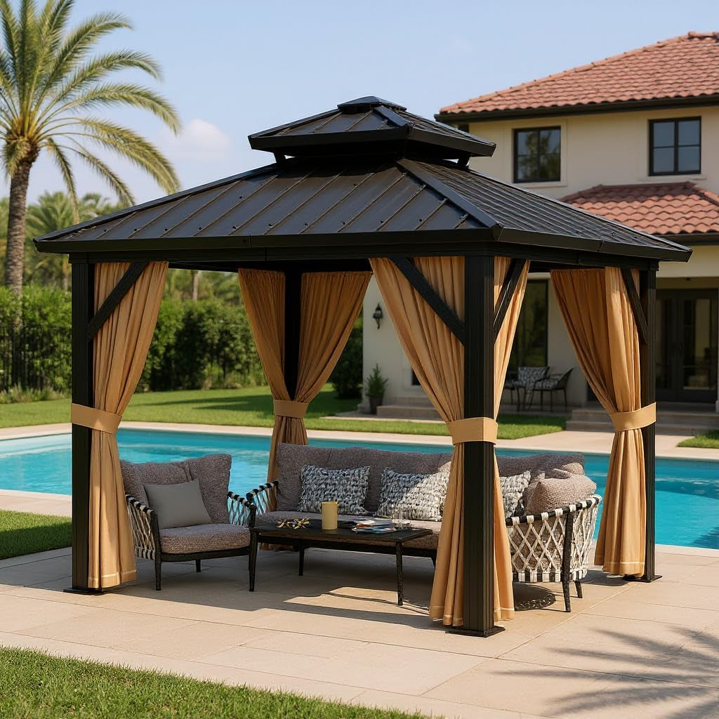 10X10 Ft Double Roof Hardtop Gazebo, Heavy Duty Galvanised Steel Hardtop Pavilion with Nettings and Curtains, Metal Roof Gazebo for Patio, Terrace, Lawn and Deck, Brown