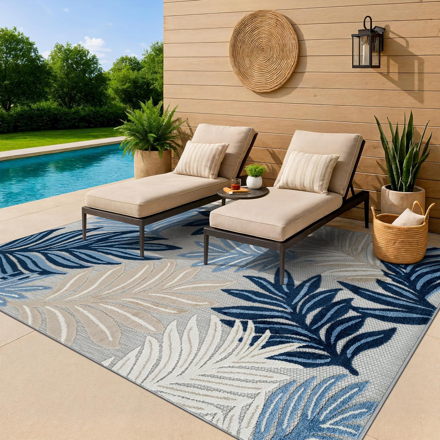 Transitional High-Low Textured Indoor Outdoor Rug Dark Blue 5' X 7'