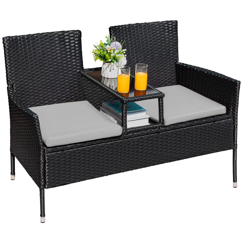 Outdoor Patio Loveseat Modern Rattan Patio Conversation Furniture Set with Cushions & Built-In Coffee Table Porch Furniture for Garden Lawn Backyard, Gray