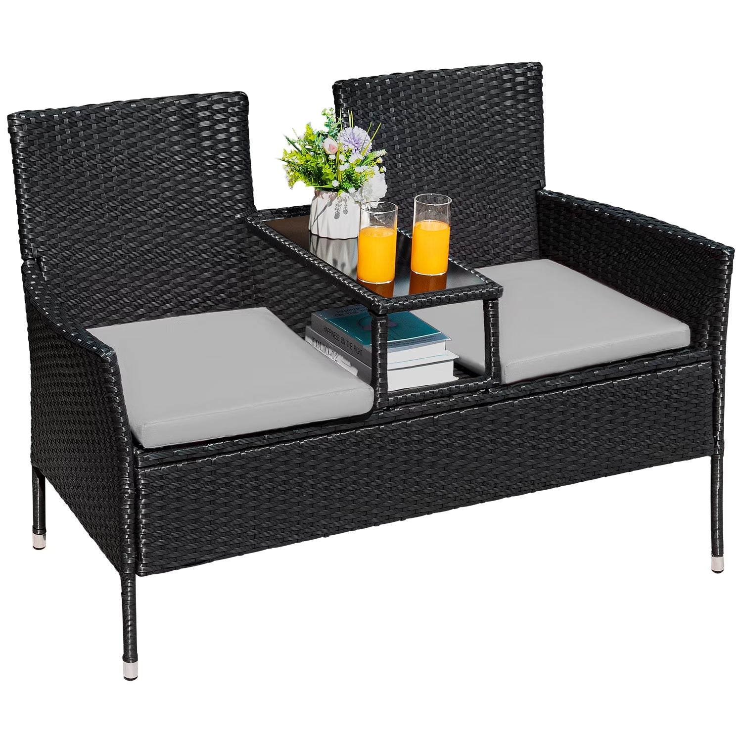 Outdoor Patio Loveseat Modern Rattan Patio Conversation Furniture Set with Cushions & Built-In Coffee Table Porch Furniture for Garden Lawn Backyard, Gray