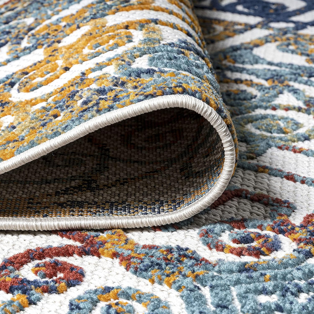 Ornate Trellis Indoor Outdoor Runner Rug 2X8 Cream/Blue/Orange, Cetara for Backyard, Patio, Porch, Easy-Cleaning, High Traffic, Pet-Friendly, Non-Shedding (AMC111A-28)